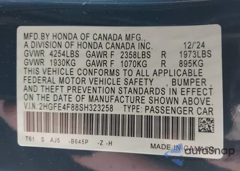 2025 Honda Civic Sport/Sport Touring z USA, uszkodzony, nr VIN 2HGFE4F88SH323258